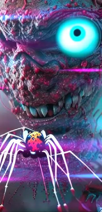 Eerie monster with blue eyes and spider on vibrant wallpaper.