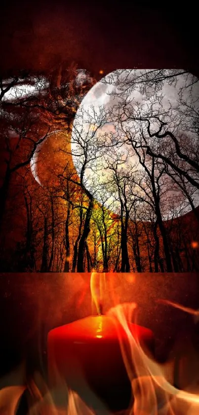 Candle with moonlit forest background wallpaper.