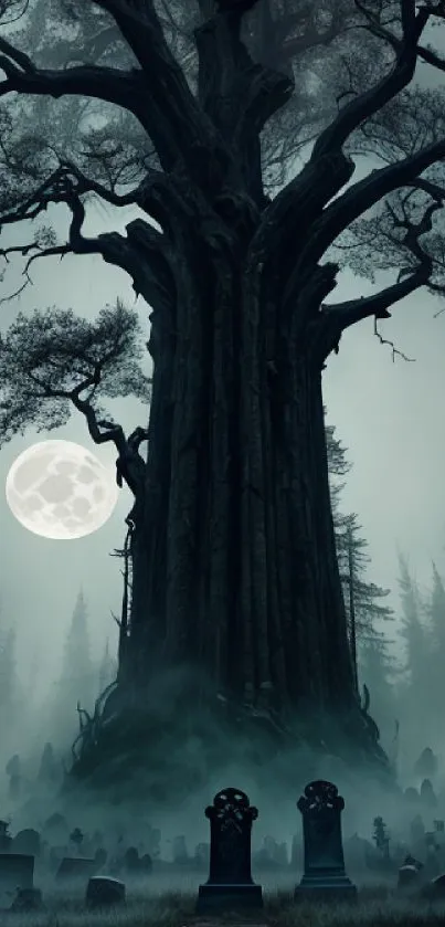 Eerie graveyard with a mystical tree under a full moon.