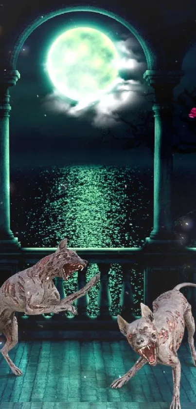 Eerie scene with moonlit night and mysterious creatures on a balcony.