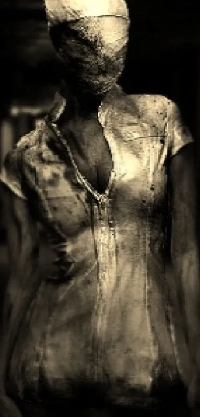 Eerie figure in sepia tones, creating a mysterious, dark wallpaper.