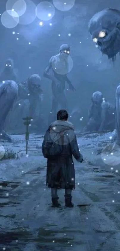 Eerie landscape with giants and a lone figure in winter setting.