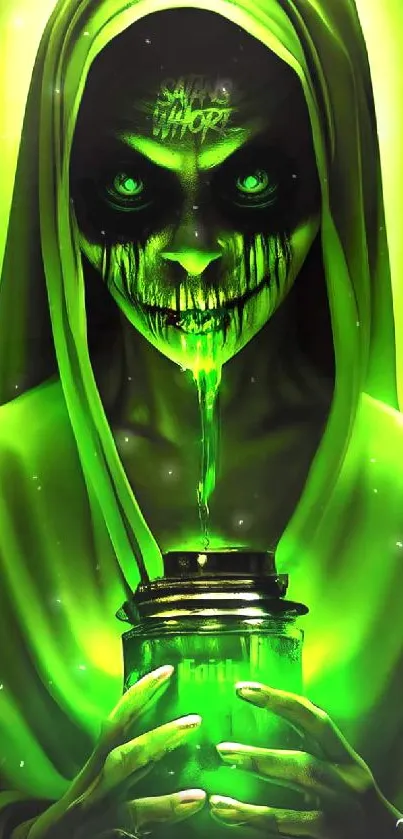 Eerie neon green horror wallpaper with a menacing figure holding a glowing jar.