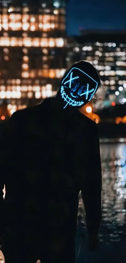 Silhouette with a glowing neon mask at night by a city skyline.