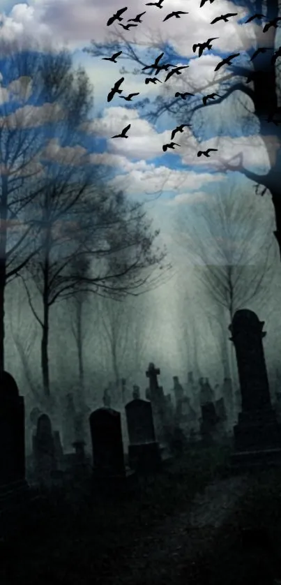 A dark, eerie cemetery at night with silhouetted trees and flying bats.