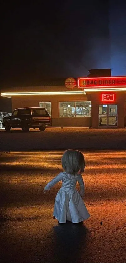 Eerie scene with a doll outside a neon-lit diner at night.