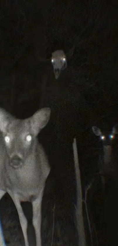 Eerie night scene with glowing-eyed deer in a forest.