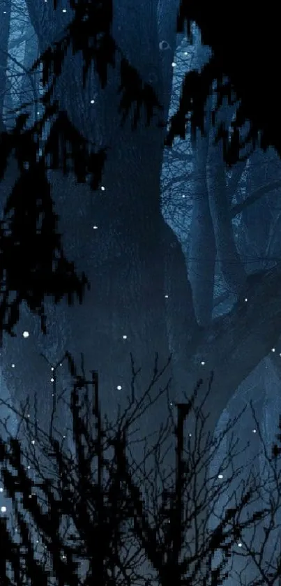 Eerie dark forest with snow falling at night.