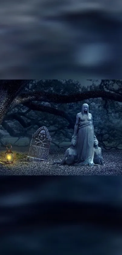 Eerie graveyard scene with statue and lantern under a dark, ominous night sky.