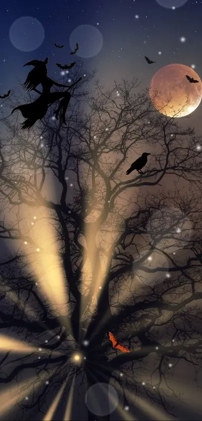 Eerie night wallpaper with witch, bats, and glowing full moon.