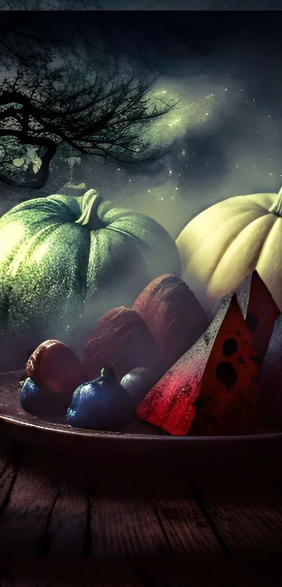 Eerie pumpkin scene with dark, mystical colors and spooky ambiance.