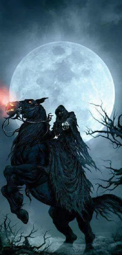 Dark rider against full moon in an eerie, mystical night scene.