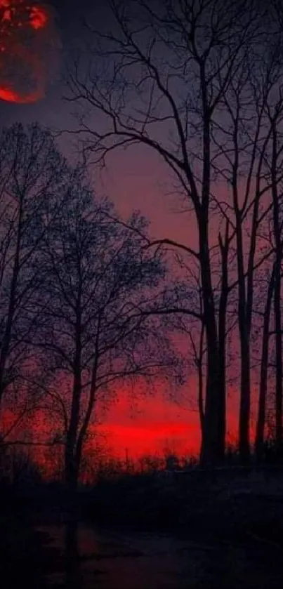 Eerie crimson skyline with silhouetted trees and a red moon.