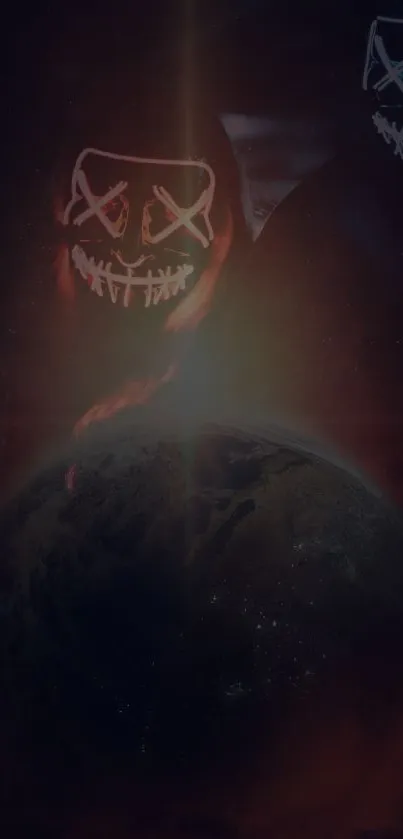 Eerie masks illuminate a glowing planet on mobile wallpaper.