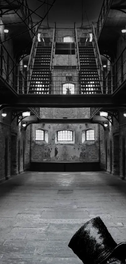 Eerie gothic prison with dark atmosphere and spooky character in corner.