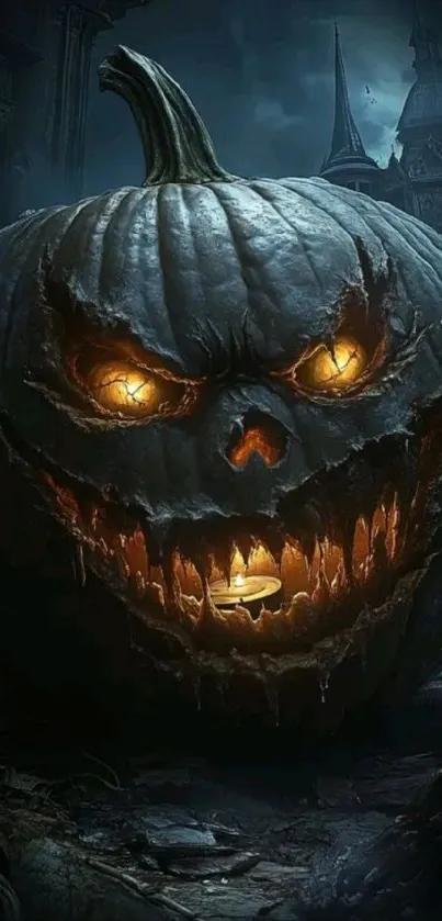 Glowing jack-o-lantern with eerie face in dark setting.
