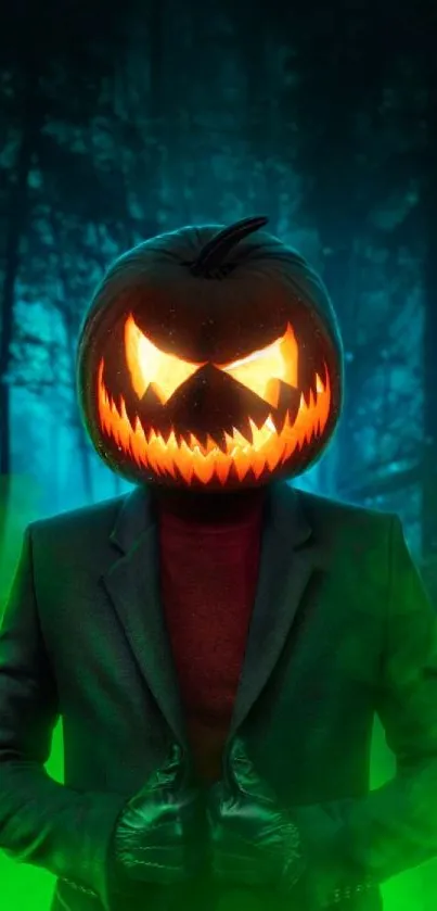 Pumpkin-headed figure in dark forest with glowing eyes and green mist.