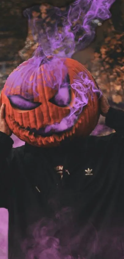 Pumpkin head with purple smoke in a dark atmosphere.