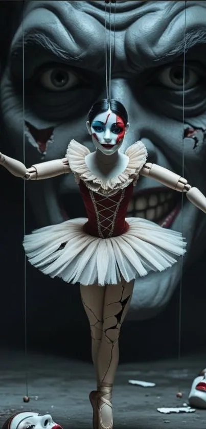 Eerie puppeteer and marionette in a theatrical scene.