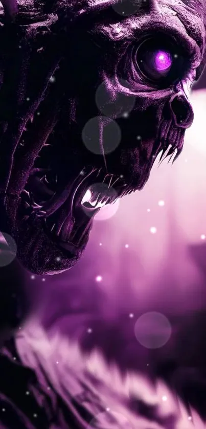 Purple skull with glowing eyes in eerie digital artwork.