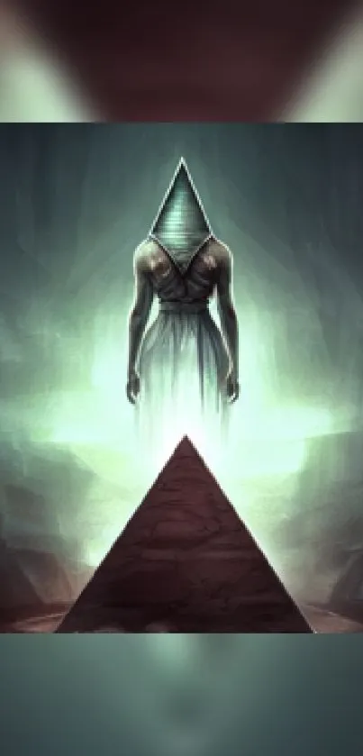 Eerie pyramid-headed figure on a mystical backdrop phone wallpaper.