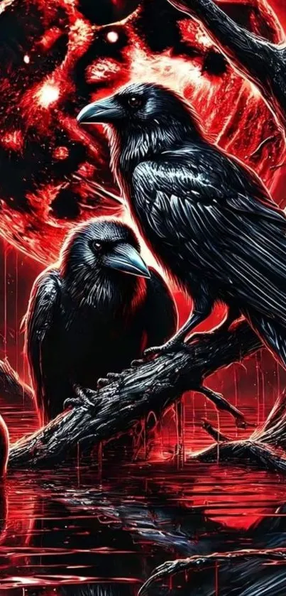 Ravens perched under a blood red moon with reflections on water.