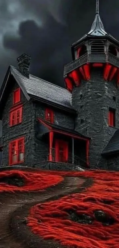 Gothic mansion with red accents under a stormy sky.