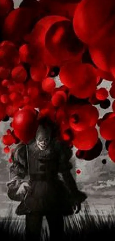 Dark red balloons with atmospheric background, perfect for horror lovers.