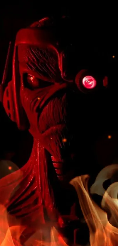 Eerie red cyborg with glowing eye on dark background.