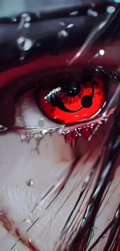 Close-up of a red anime eye, dark and mysterious.