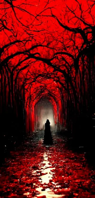 Mysterious silhouette in eerie red forest