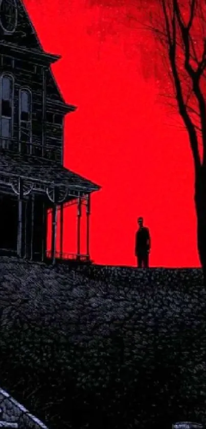 Gothic house silhouette on red background mobile wallpaper.