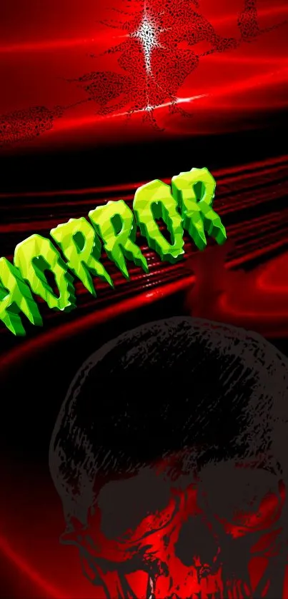 Eerie wallpaper with skull and green text on red background.