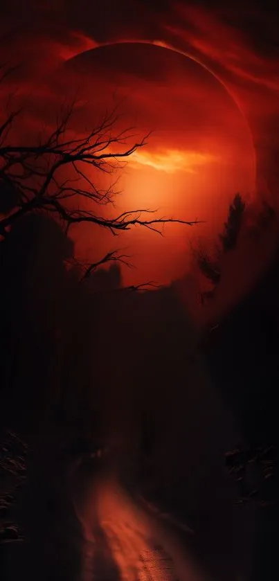 Red blood moon illuminating a dark, mystical forest landscape.