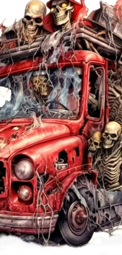 Red truck with skeletons mobile wallpaper design.