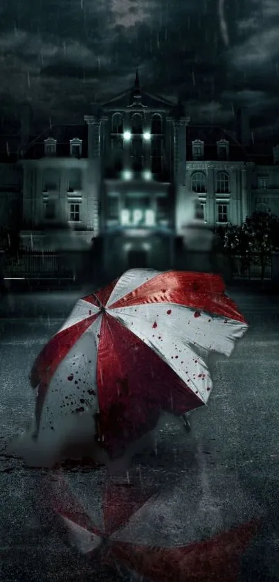 Haunting red umbrella in front of gothic building on a dark rainy night.