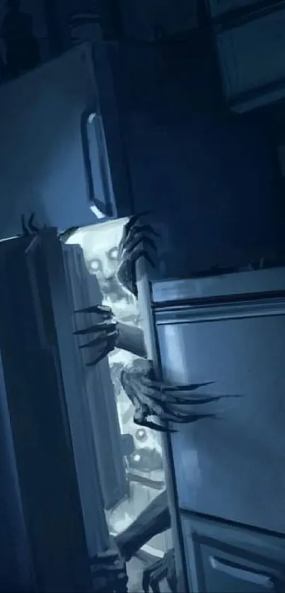 Eerie blue-lit scene with monster hands emerging from a fridge.