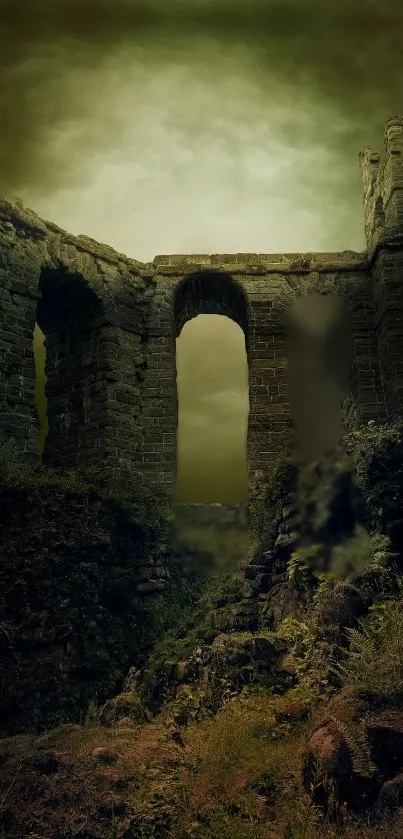 Eerie ancient ruins in dark green tones under a stormy sky, creating a mysterious mood.