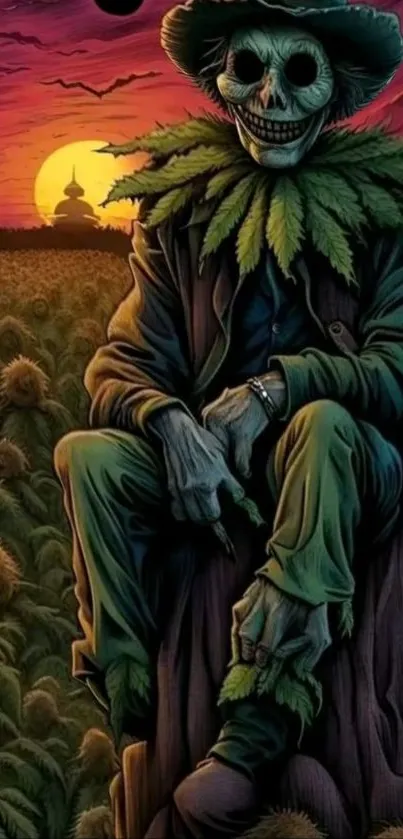 Eerie scarecrow in field with sunset and purple sky.