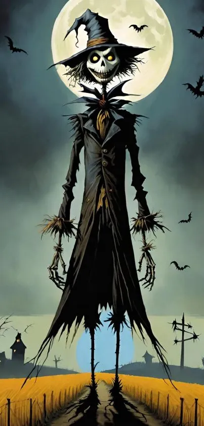 Eerie scarecrow under full moon with bats flying in a haunting night scene.