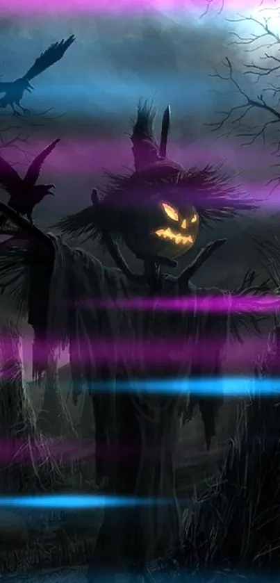 Spooky scarecrow in a moonlit eerie forest landscape with dark tones.