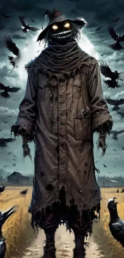 Eerie scarecrow surrounded by crows in moonlit field.