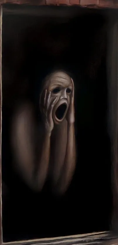 Eerie artwork of a screaming figure framed by brick walls in dark tones.