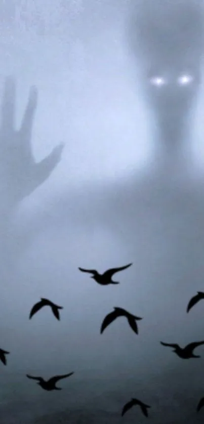Eerie shadow with glowing eyes and birds on misty background.