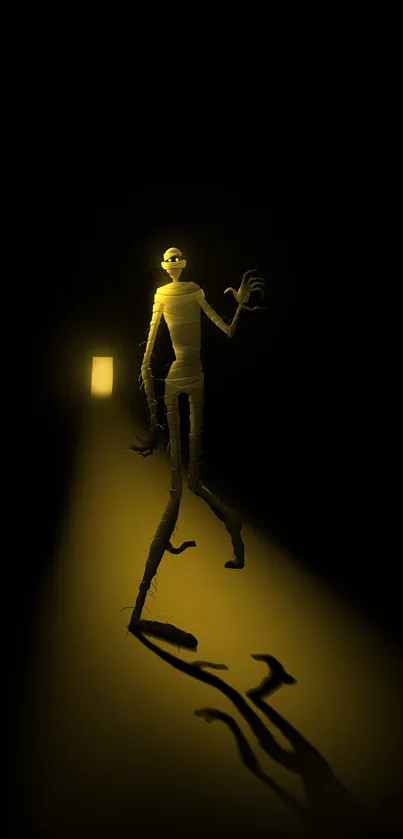 Creepy humanoid figure in dark shadows with ominous yellow light on mobile wallpaper.