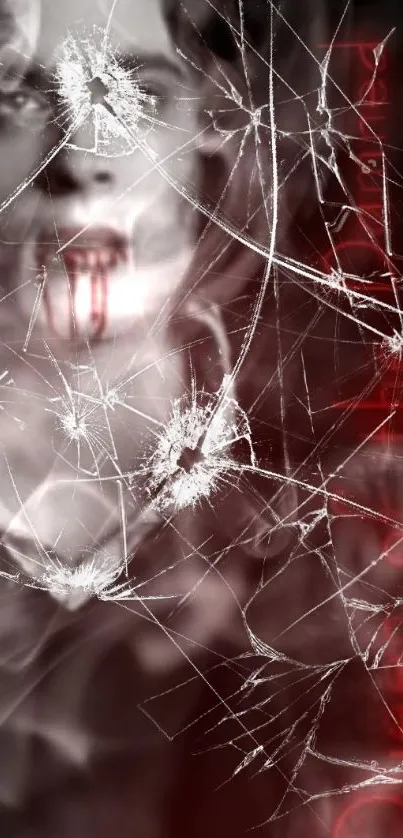 Shattered glass with a mysterious figure, eerie mobile wallpaper.