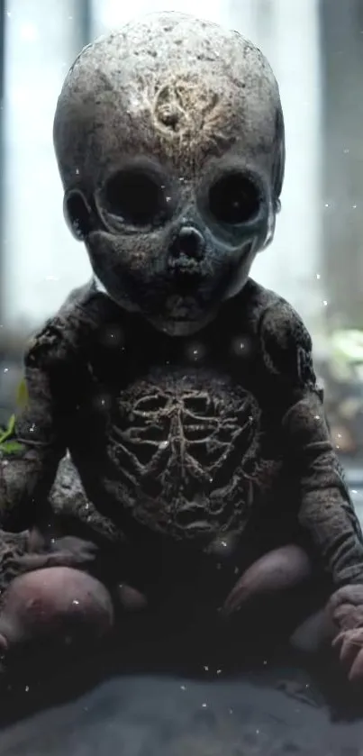 Eerie skeleton baby art on a dark background.