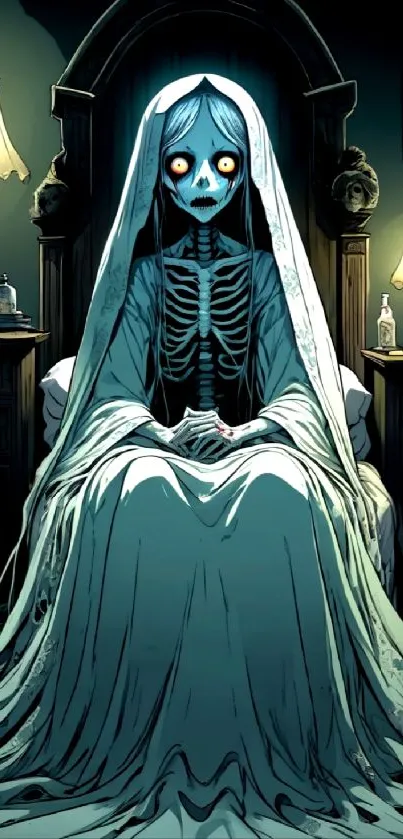 Eerie skeleton bride with haunting glow in gothic room.