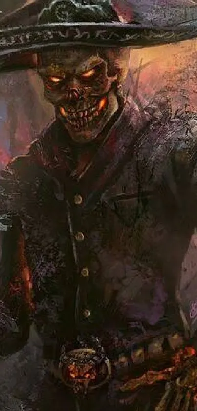 Skeleton cowboy with fiery eyes in a dark, eerie-themed mobile wallpaper.