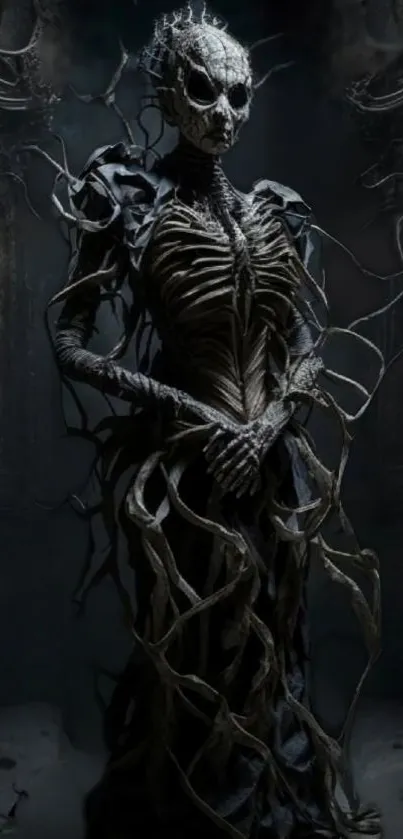 Intricate skeletal creature in dark, gothic setting for a mobile wallpaper.